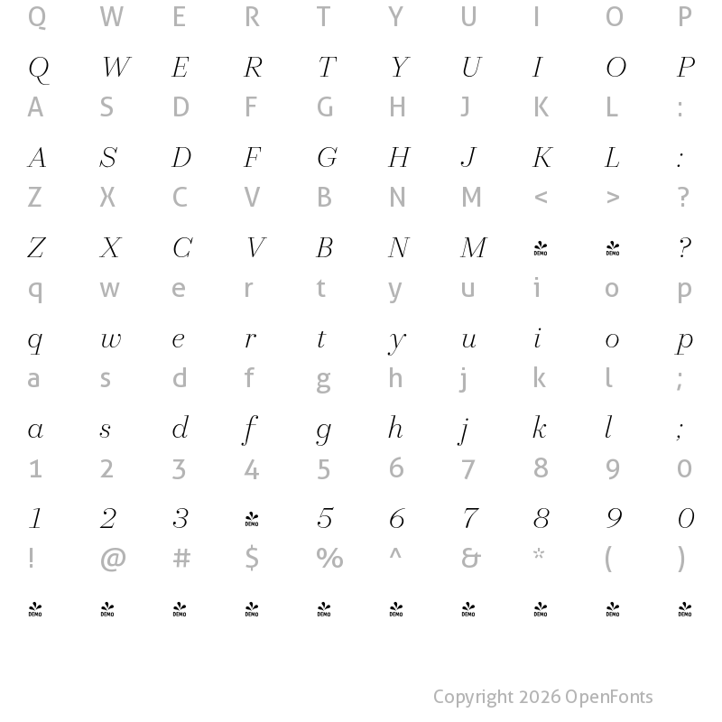 Character Map of FONTSPRING DEMO - Allrounder Didone Big Light Italic