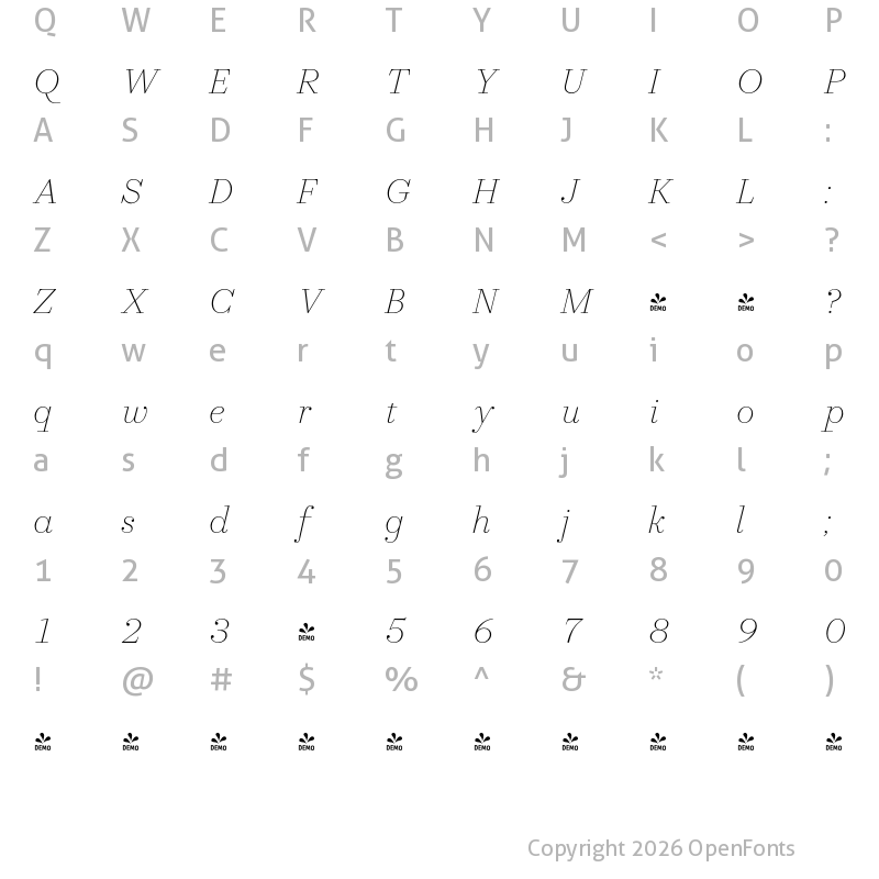 Character Map of FONTSPRING DEMO - Allrounder Didone Big XLight Italic