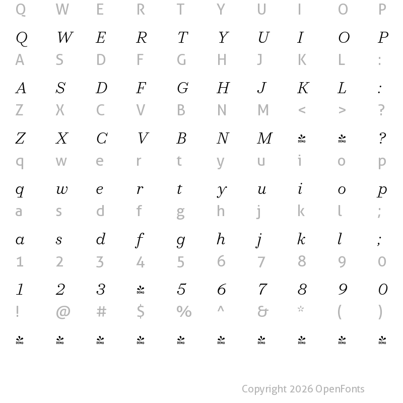 Character Map of FONTSPRING DEMO - Allrounder Didone Book Italic