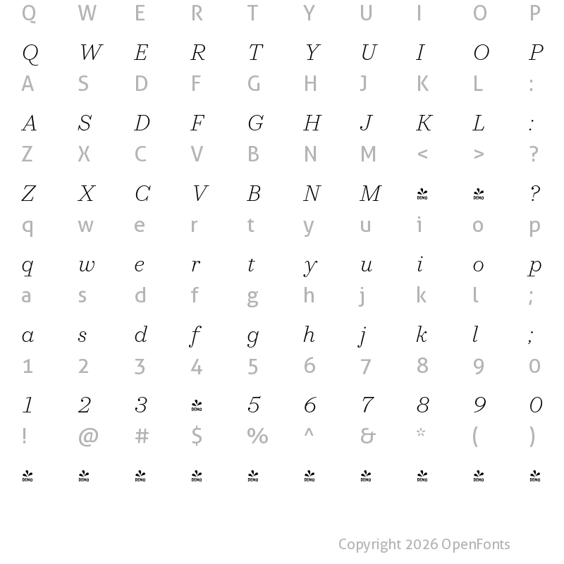 Character Map of FONTSPRING DEMO - Allrounder Didone Light Italic