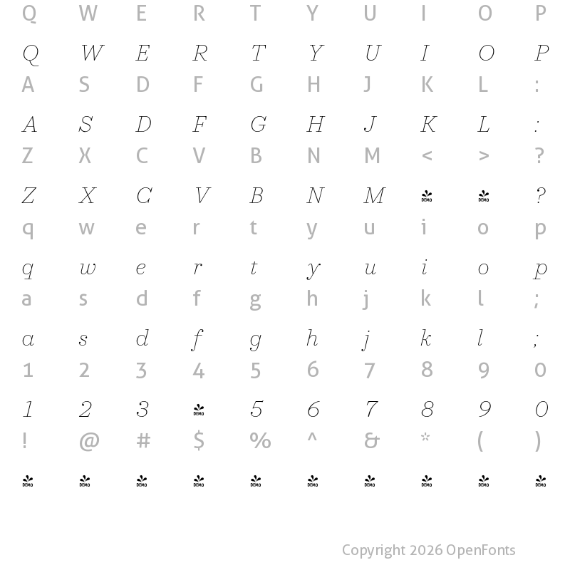 Character Map of FONTSPRING DEMO - Allrounder Didone XLight Italic