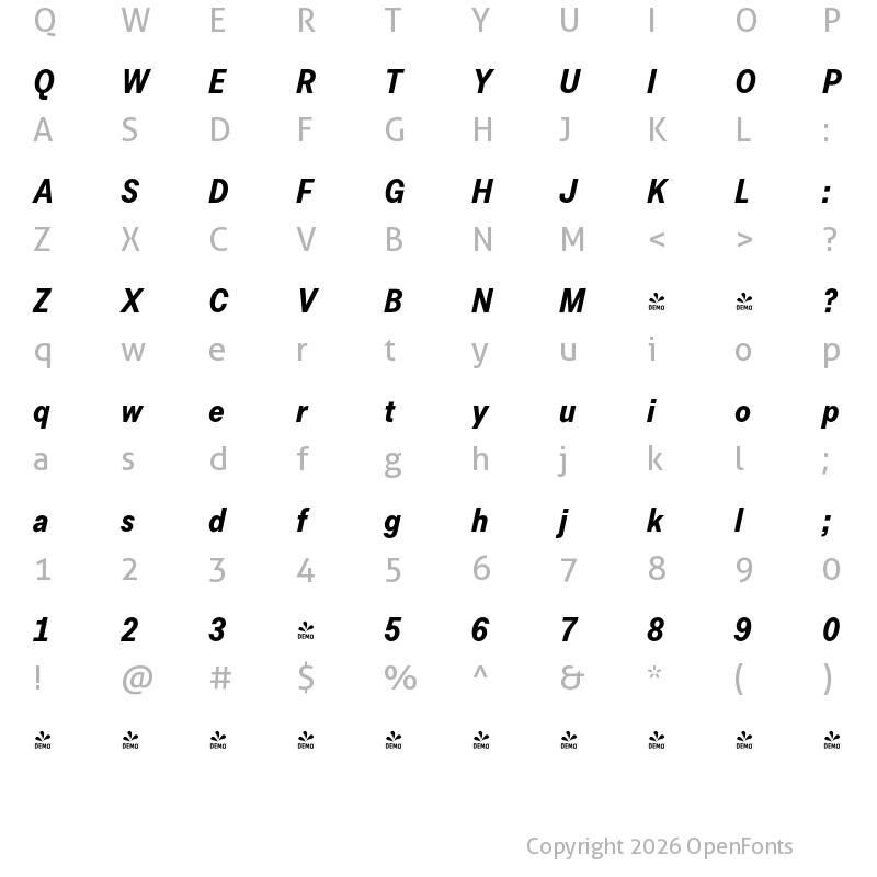 Character Map of FONTSPRING DEMO - Allrounder Grotesk Cmp Bold Italic