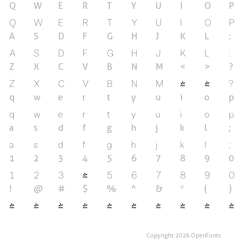 Character Map of FONTSPRING DEMO - Allrounder Grotesk Thin Regular