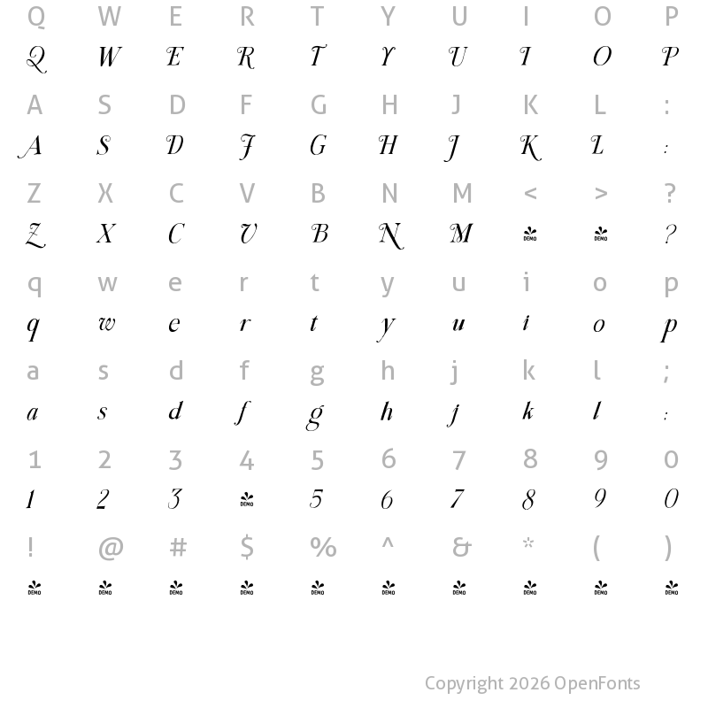 Character Map of FONTSPRING DEMO - Almondy Italic