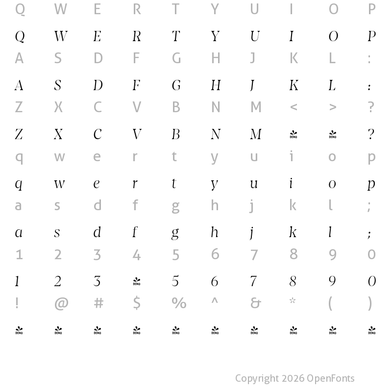 Character Map of FONTSPRING DEMO - Amarga Light It Regular