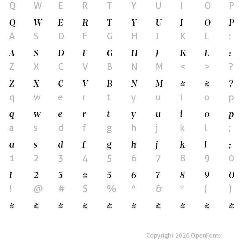 Character Map of FONTSPRING DEMO - Amarga Medium It Regular