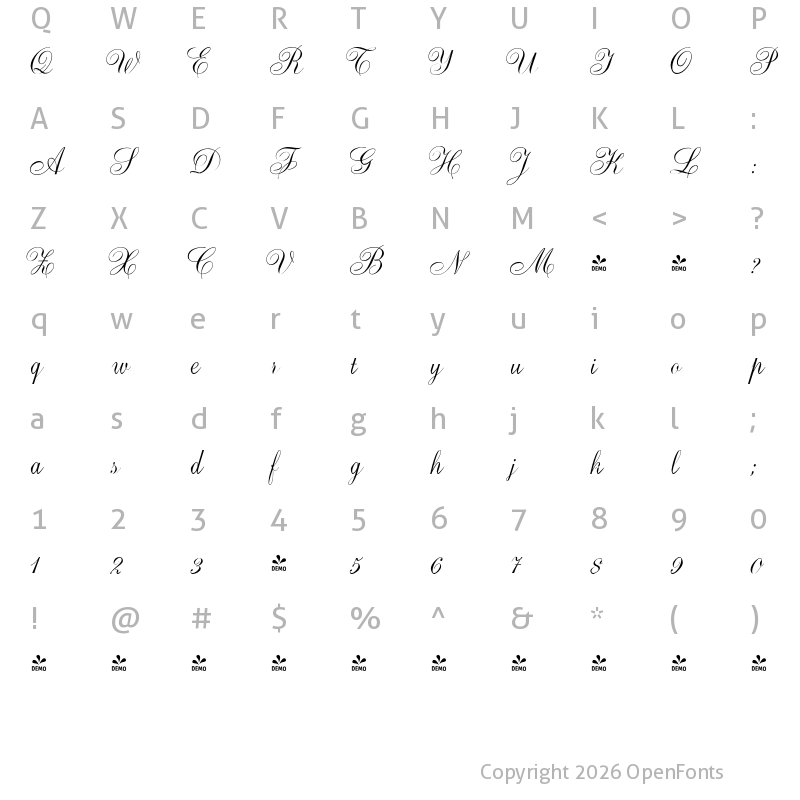 Character Map of FONTSPRING DEMO - Ambassador Script Pro Regular