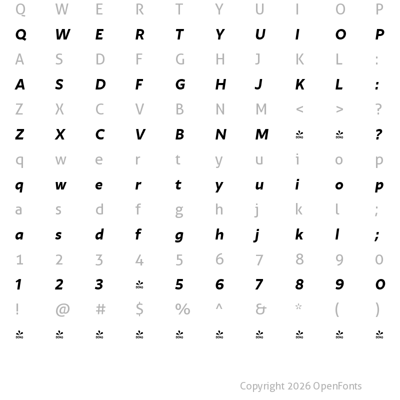 Character Map of FONTSPRING DEMO - Ambra Sans Text Bold Italic