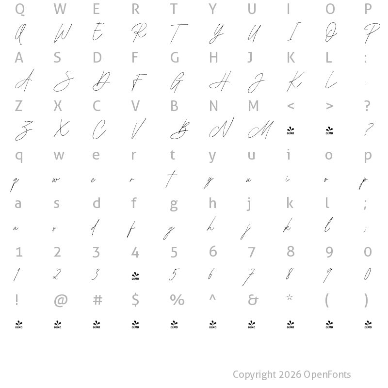 Character Map of FONTSPRING DEMO - Amelia Harper Script Regular