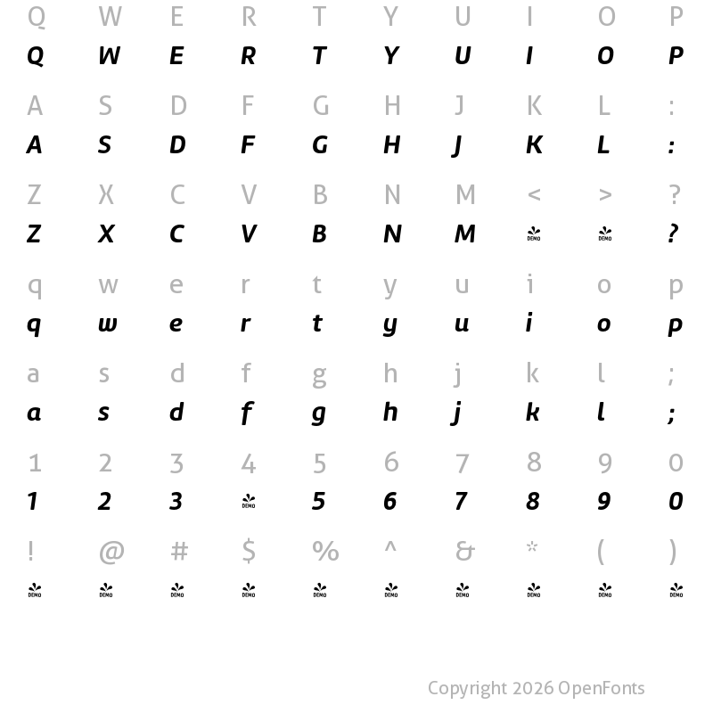 Character Map of FONTSPRING DEMO - Amelia-Rounded-Regular Bold Italic