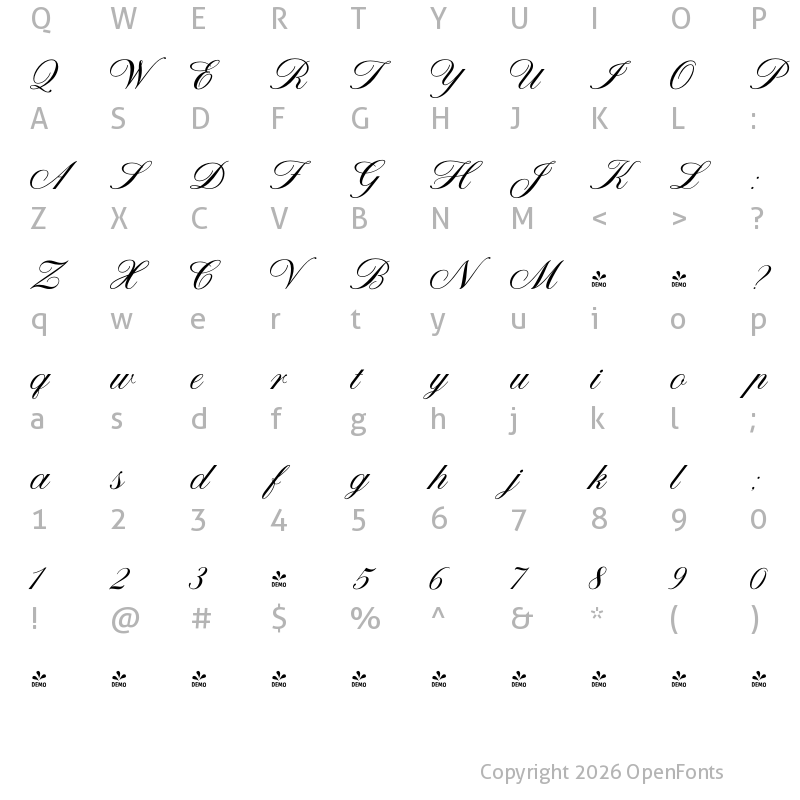 Character Map of FONTSPRING DEMO - American Oak Script Regular
