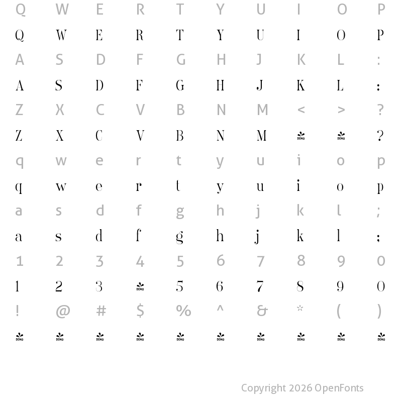 Character Map of FONTSPRING DEMO - Ames' Roman CondensedLight Regular