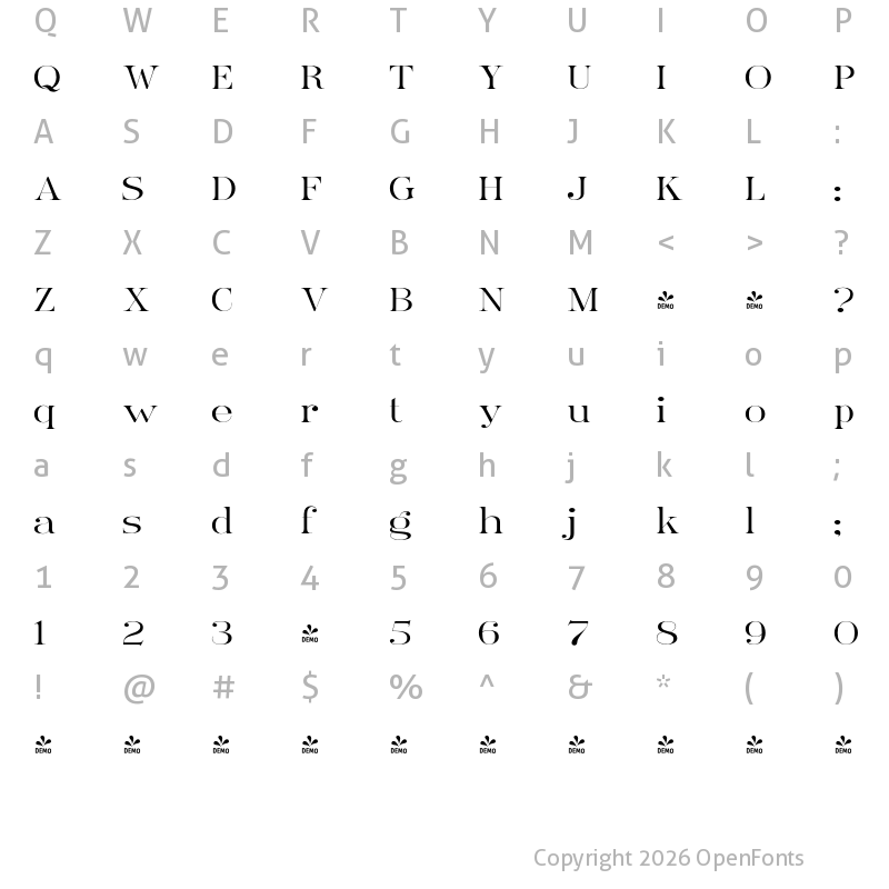 Character Map of FONTSPRING DEMO - Ames' Roman ExpandedLight Regular