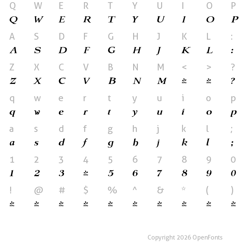 Character Map of FONTSPRING DEMO - Amitale Wide Bold Italic