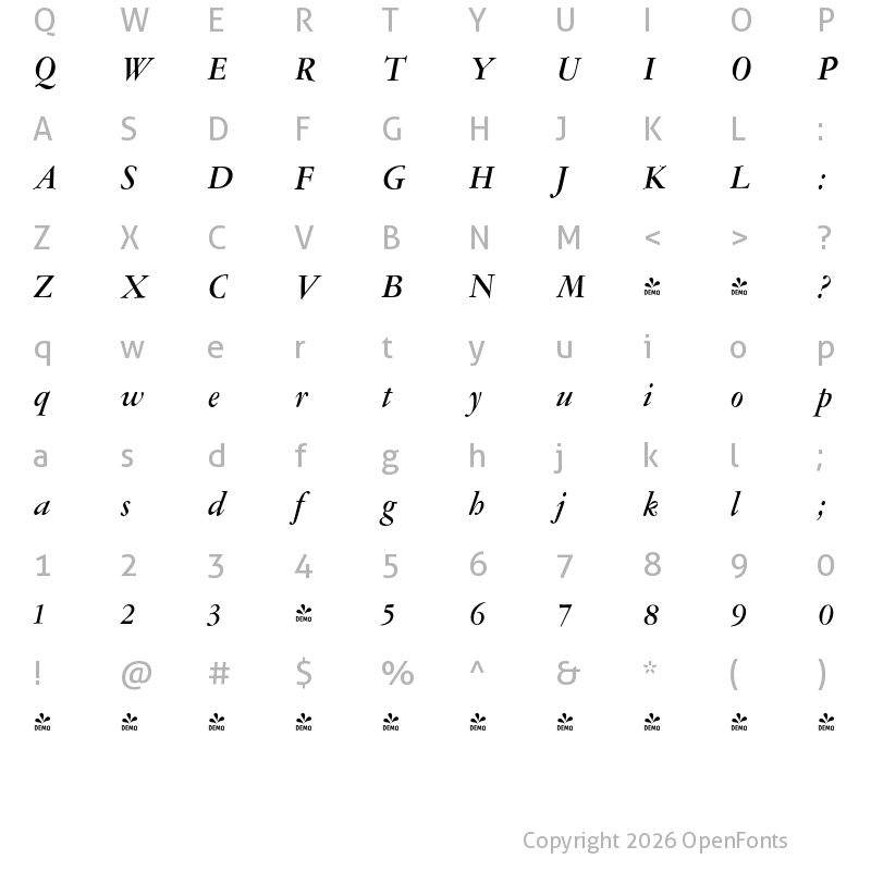 Character Map of FONTSPRING DEMO - Amsterdamer Garamont Bold Italic