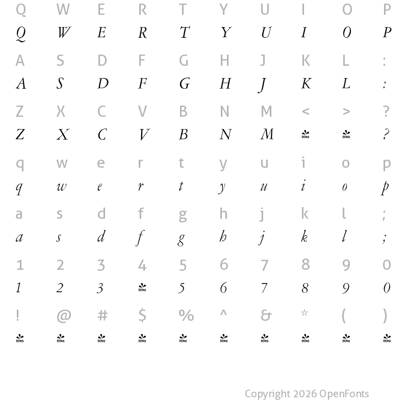 Character Map of FONTSPRING DEMO - Amsterdamer Garamont Italic