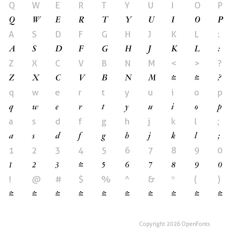 Character Map of FONTSPRING DEMO - Amsterdamer Garamont Pro Bold Italic