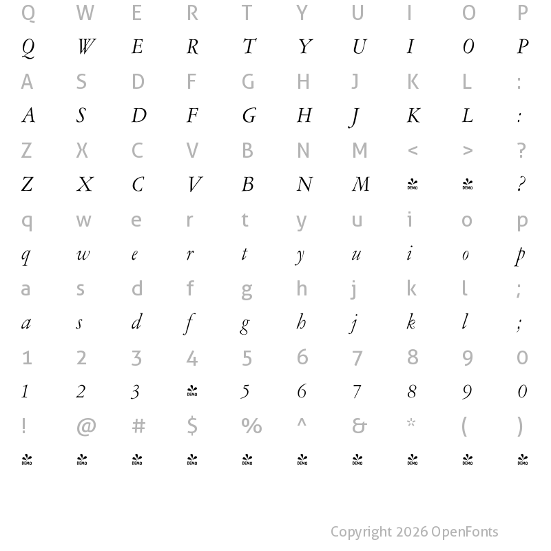 Character Map of FONTSPRING DEMO - Amsterdamer Garamont Pro Italic