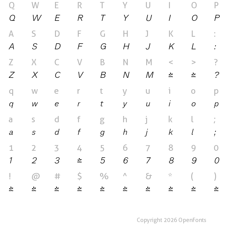 Character Map of FONTSPRING DEMO - Analogue Pro Light Italic