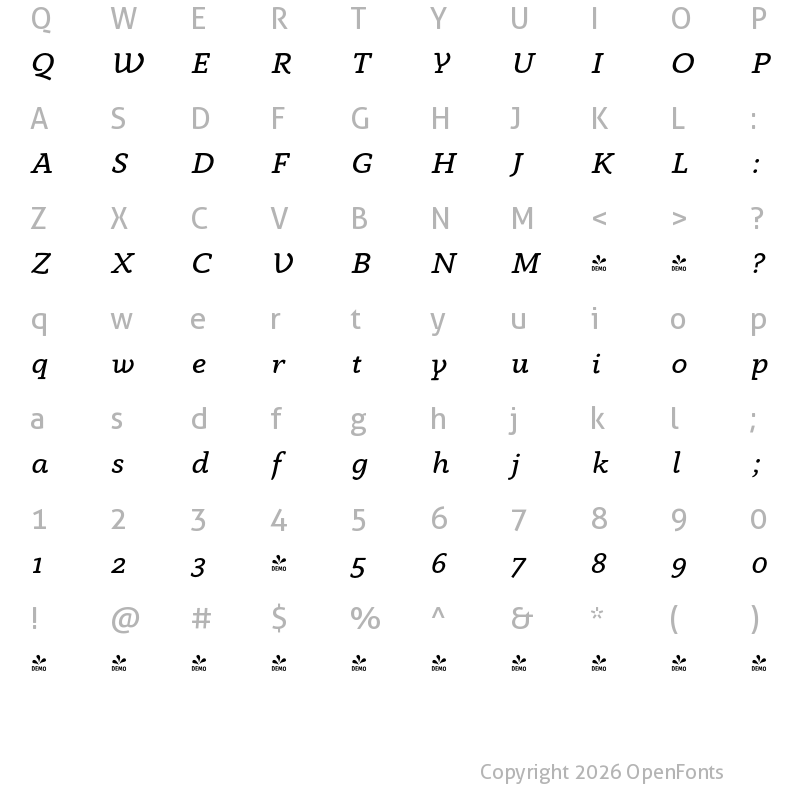 Character Map of FONTSPRING DEMO - Anaphora Book Italic