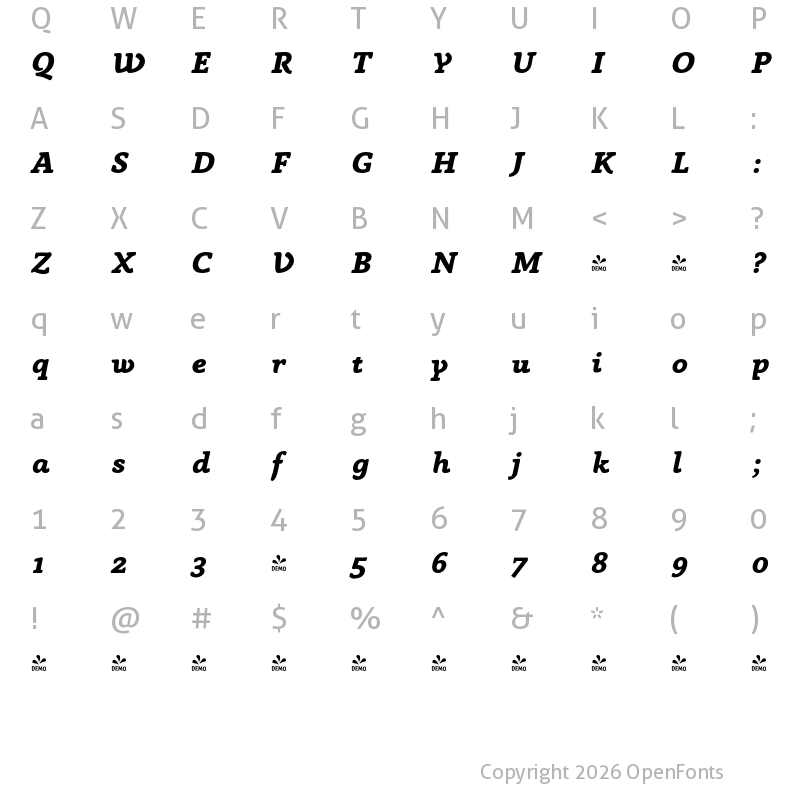 Character Map of FONTSPRING DEMO - Anaphora ExtBd Italic
