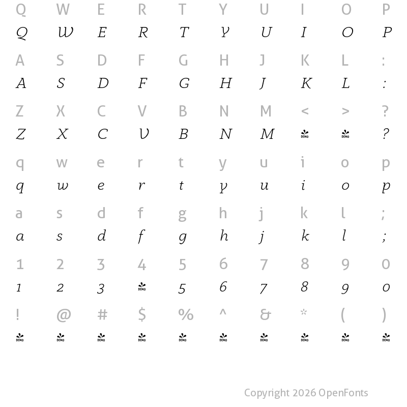 Character Map of FONTSPRING DEMO - Anaphora Light Italic