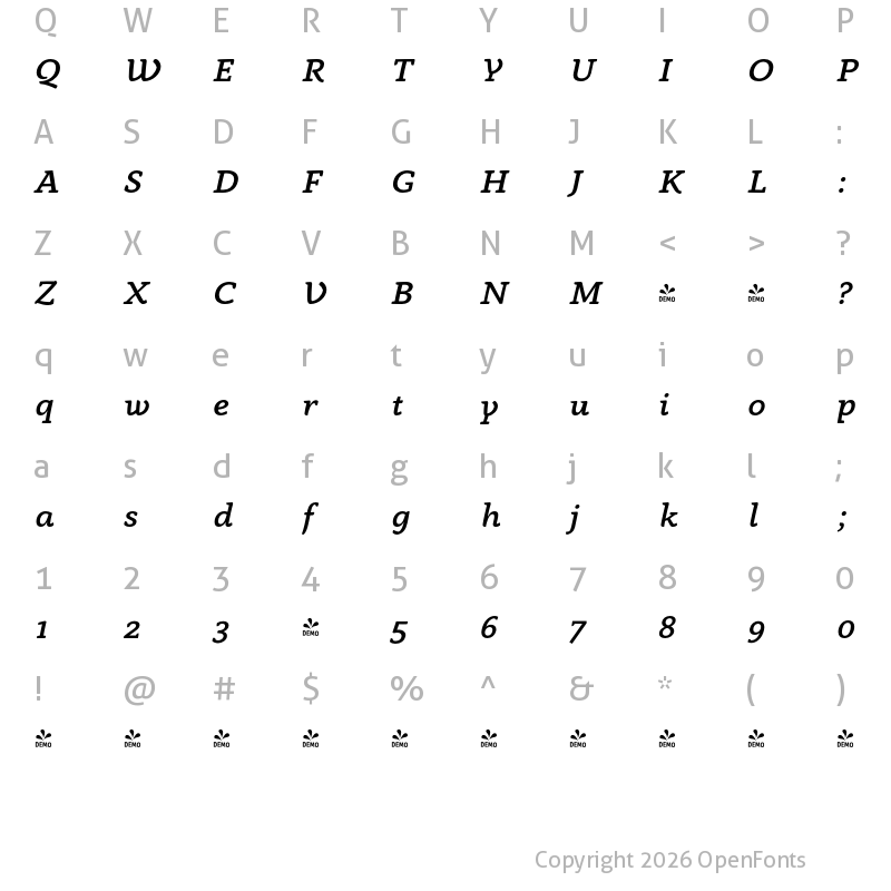 Character Map of FONTSPRING DEMO - Anaphora Med Italic