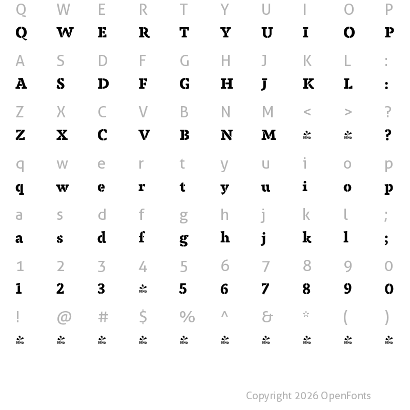 Character Map of FONTSPRING DEMO - Anaphora Stencil ExtBd Regular