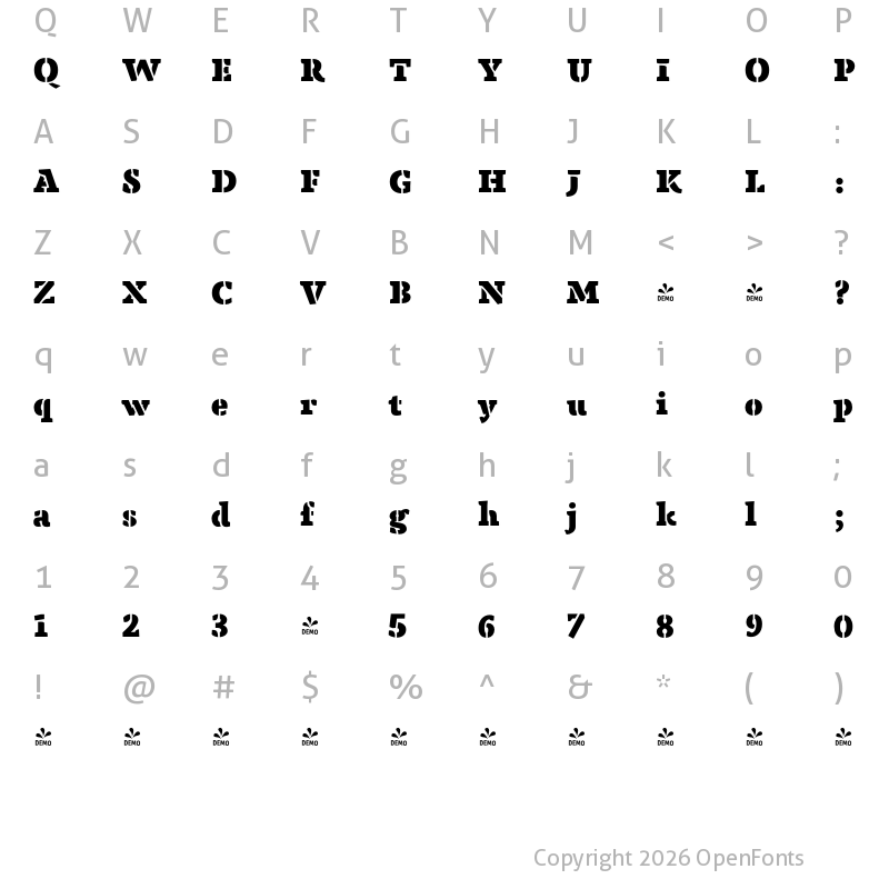 Character Map of FONTSPRING DEMO - Anaphora Stencil Fat Regular