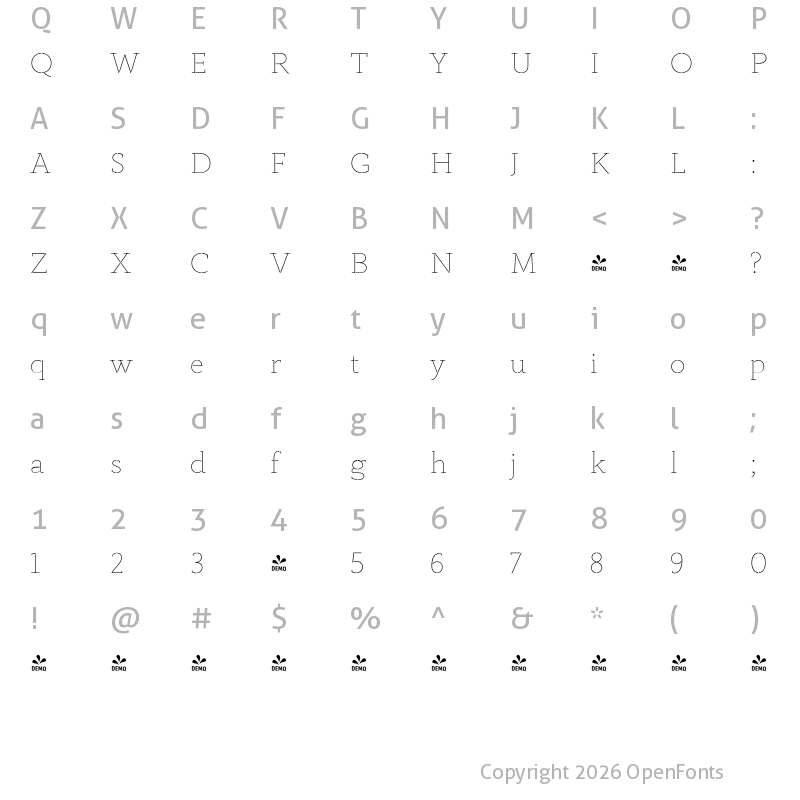 Character Map of FONTSPRING DEMO - Anaphora Stencil Thin Regular