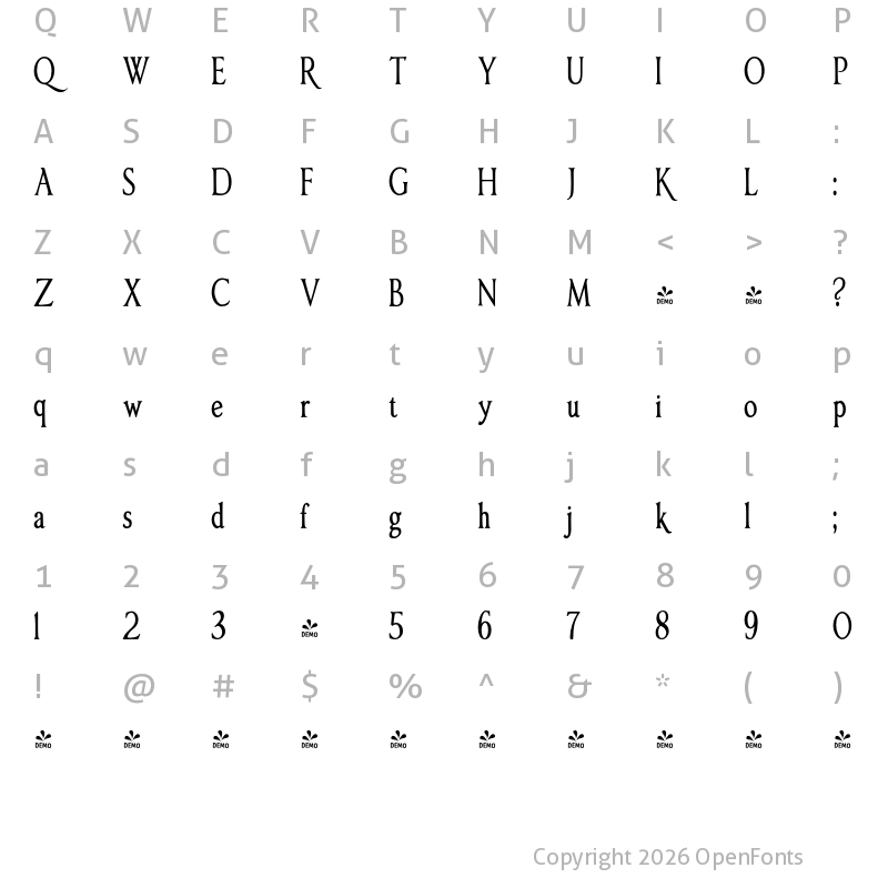 Character Map of FONTSPRING DEMO - Anavio Condensed Condensed Regular