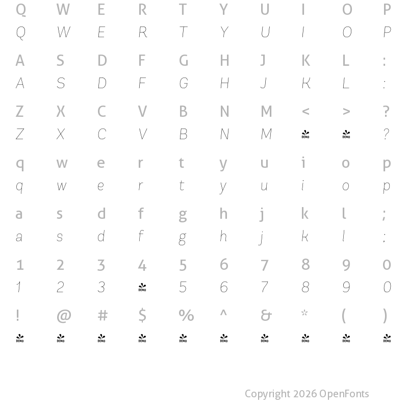 Character Map of FONTSPRING DEMO - Andes UltraLight UltraLight Italic