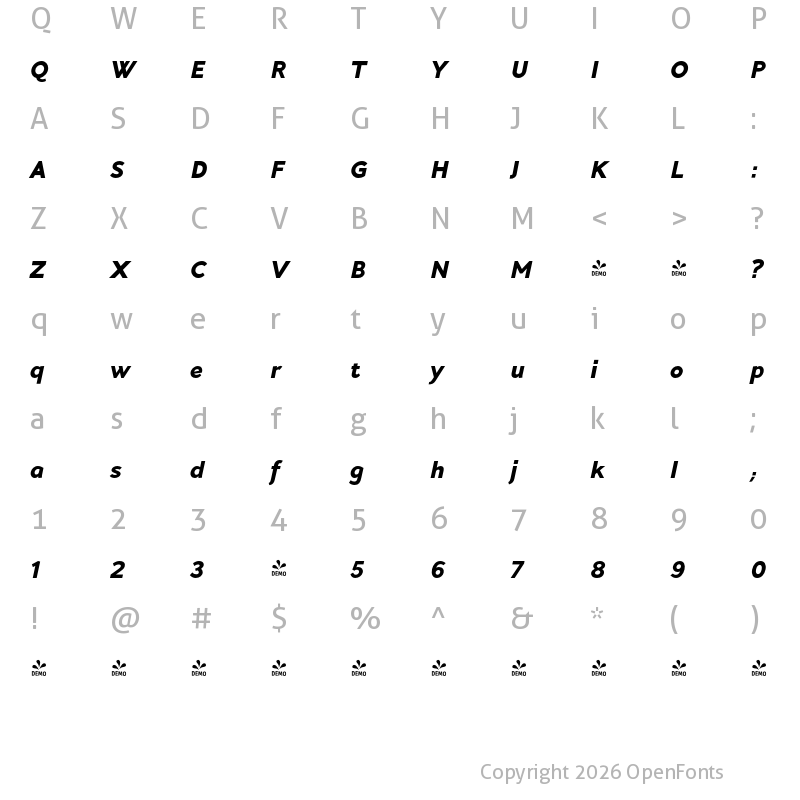 Character Map of FONTSPRING DEMO - Andis Bold Italic