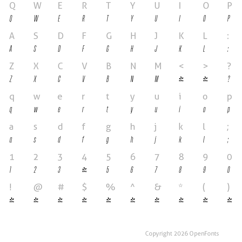 Character Map of FONTSPRING DEMO - Andove Light Italic