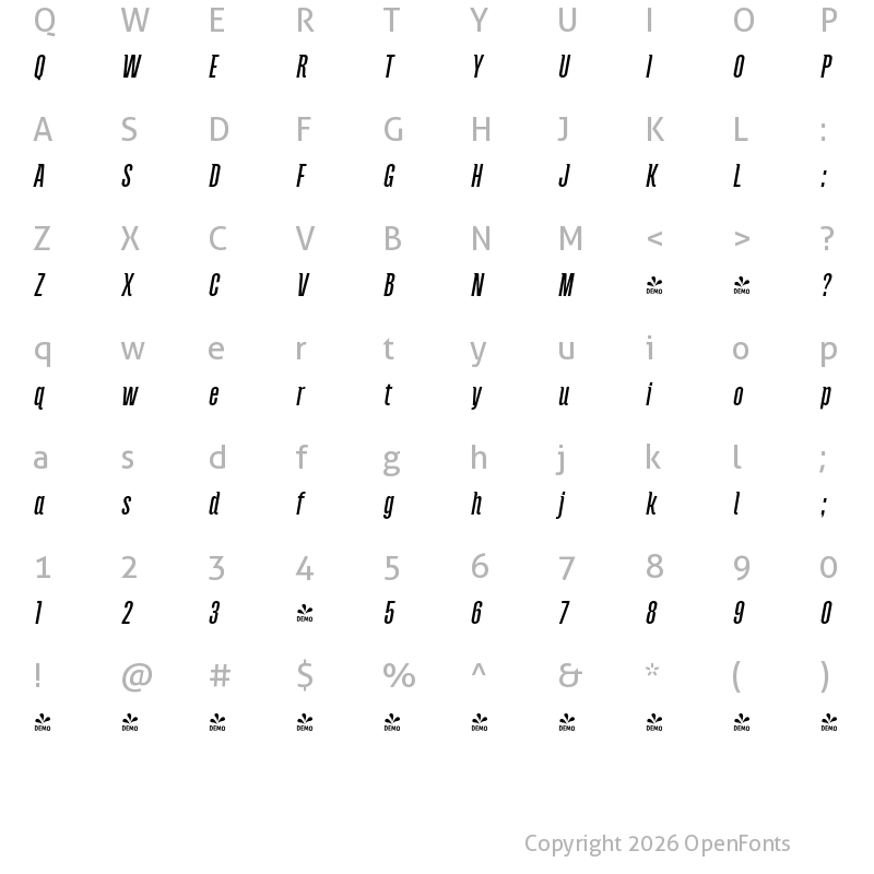 Character Map of FONTSPRING DEMO - Andove Med Italic