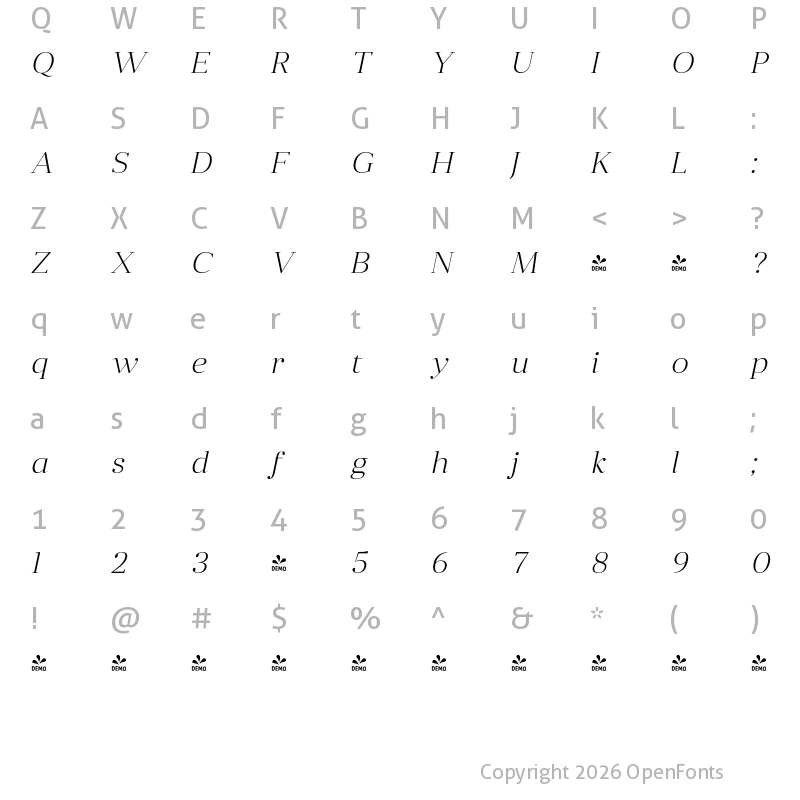 Character Map of FONTSPRING DEMO - Anglecia Pro Dsp ExLt Italic