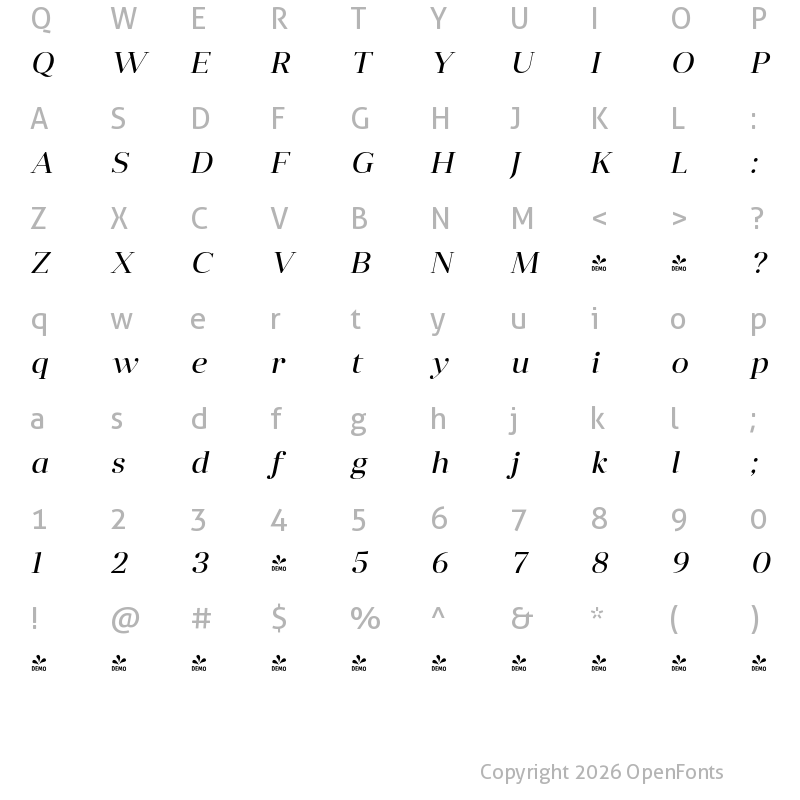 Character Map of FONTSPRING DEMO - Anglecia Pro Dsp Italic