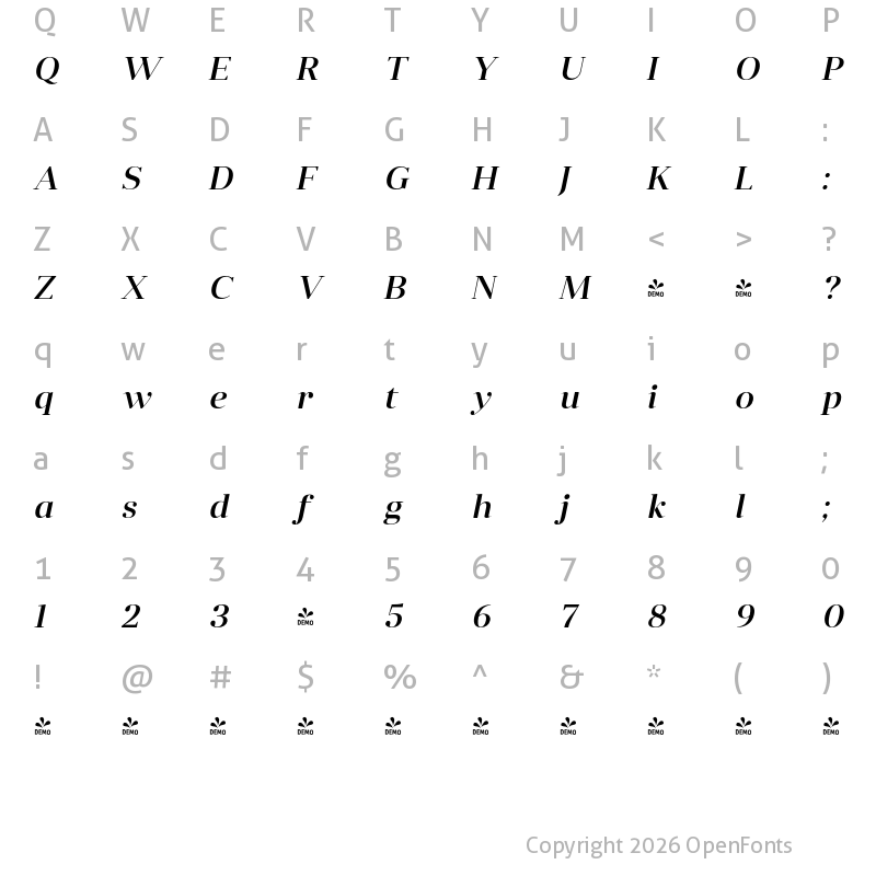 Character Map of FONTSPRING DEMO - Anglecia Pro Dsp Md Italic