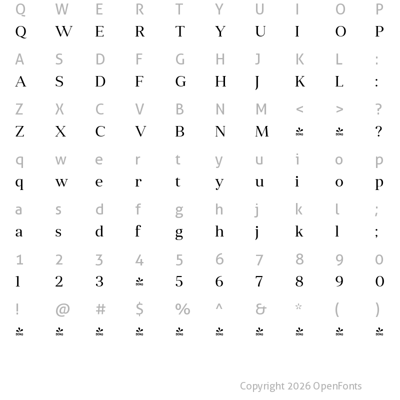Character Map of FONTSPRING DEMO - Anglecia Pro Tit Regular