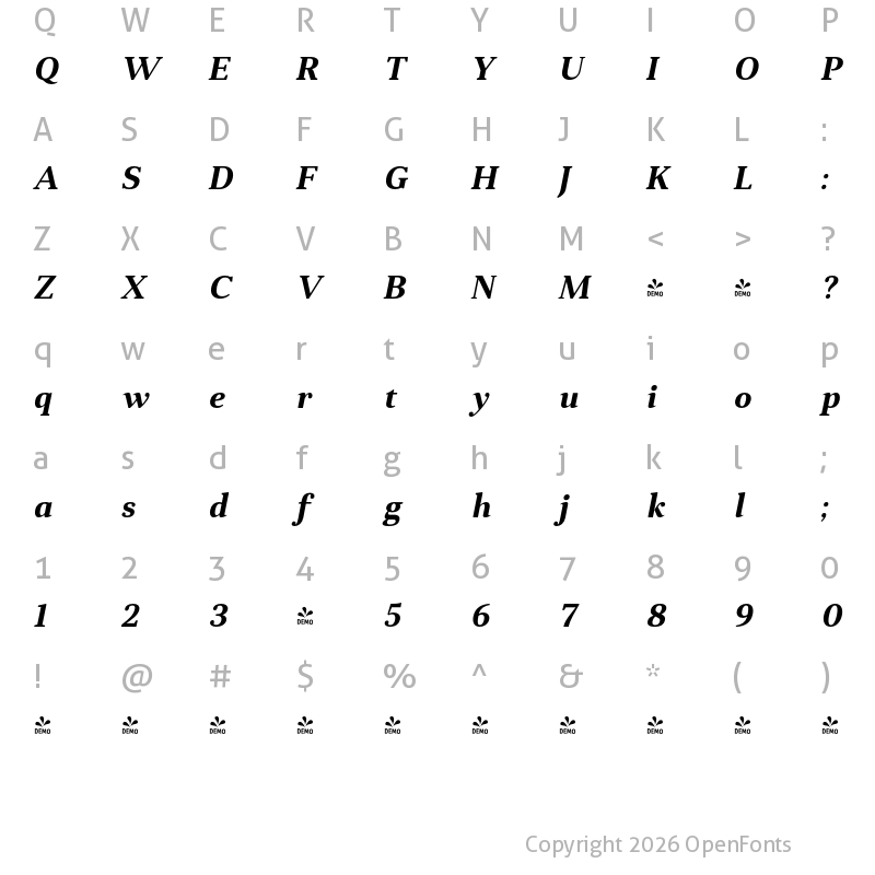 Character Map of FONTSPRING DEMO - Anglecia Pro Txt Bold Italic