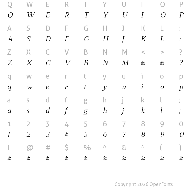 Character Map of FONTSPRING DEMO - Anglecia Pro Txt Lt Italic