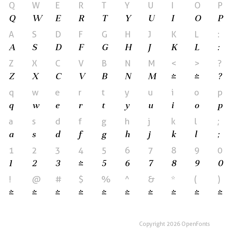 Character Map of FONTSPRING DEMO - Anglecia Pro Txt Md Italic