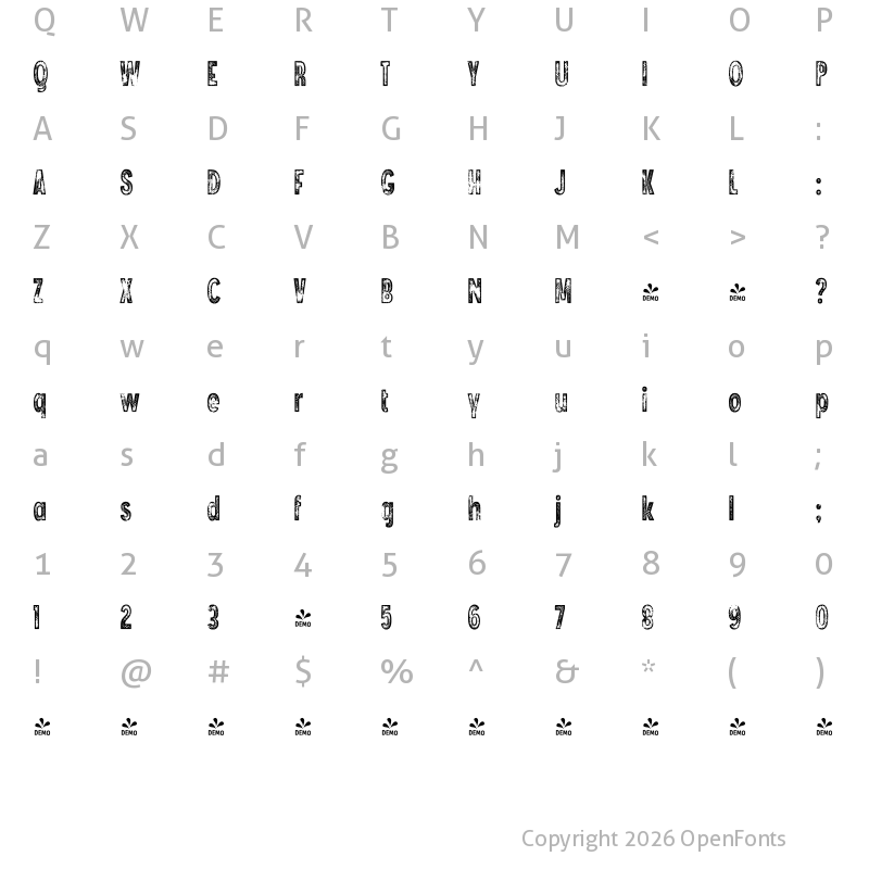 Character Map of FONTSPRING DEMO - Angostura Wood Regular