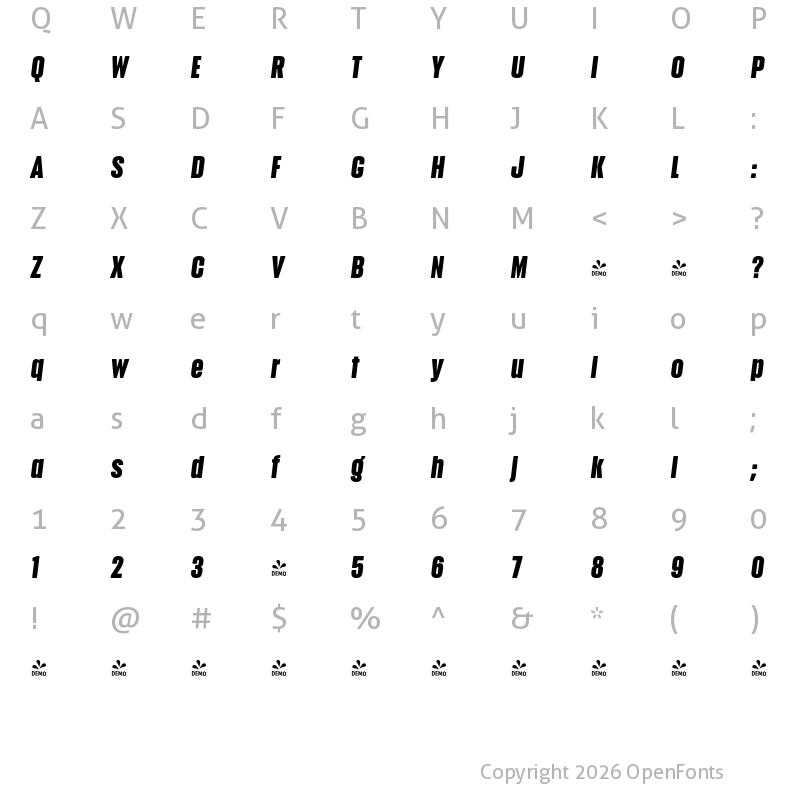Character Map of FONTSPRING DEMO - Anguita Sans Black It Regular