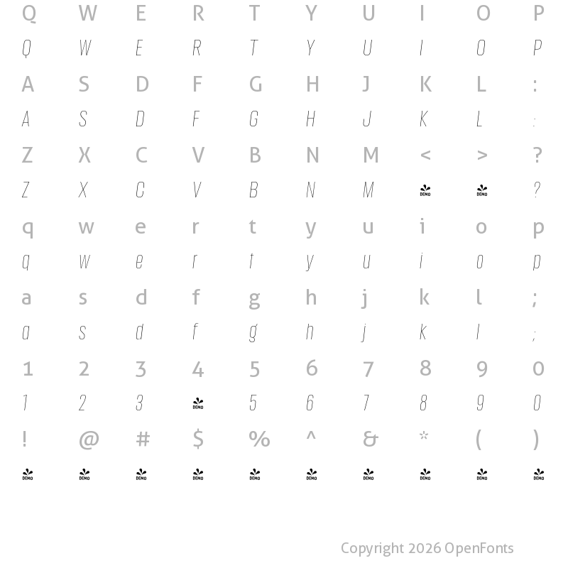 Character Map of FONTSPRING DEMO - Anguita Sans ExtraLight It Regular