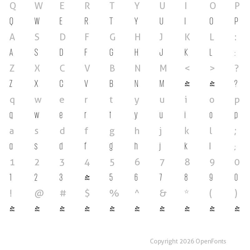 Character Map of FONTSPRING DEMO - Anguita Sans Light Regular