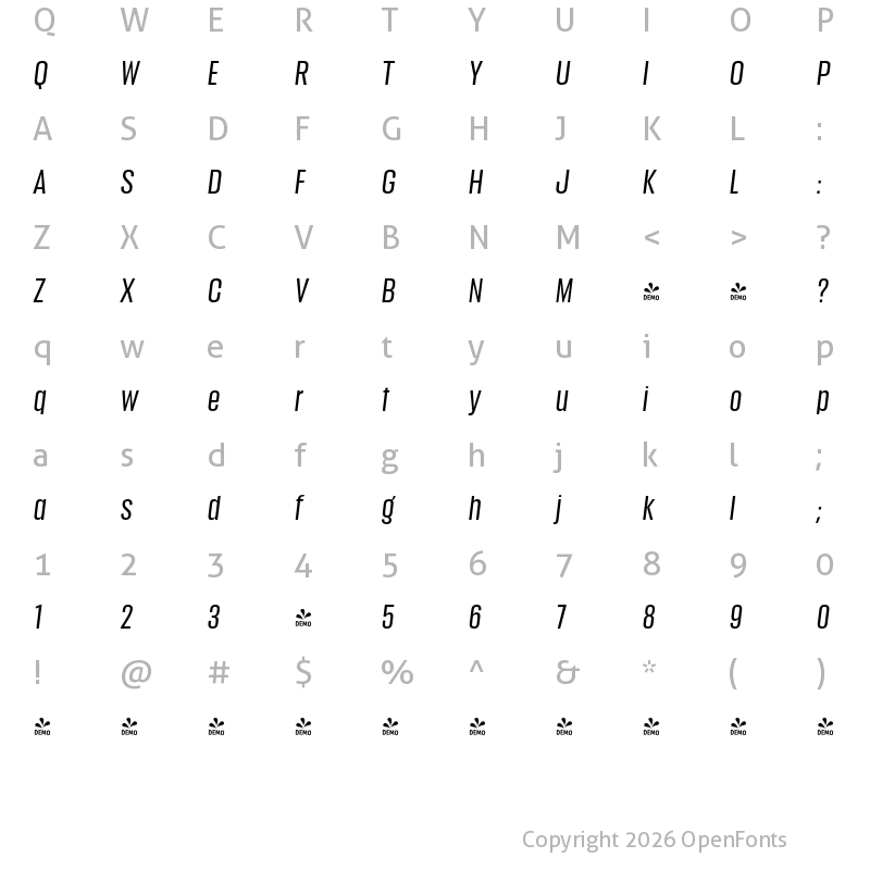 Character Map of FONTSPRING DEMO - Anguita Sans Medium It Regular