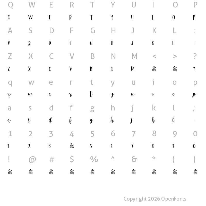 Character Map of FONTSPRING DEMO - Anindita Script Regular