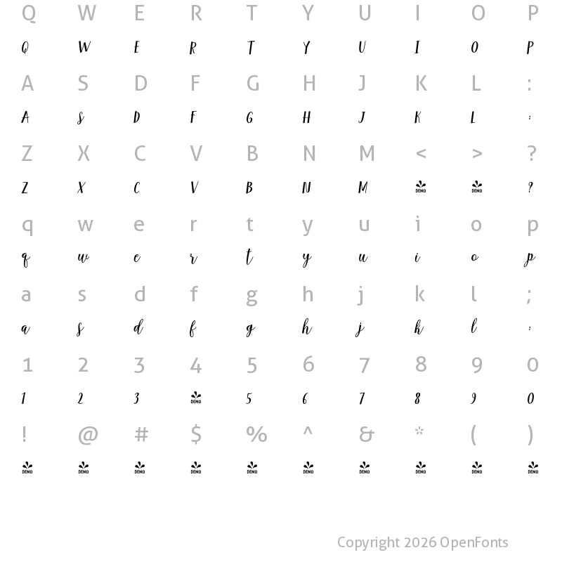 Character Map of FONTSPRING DEMO - Anindita Slant Regular