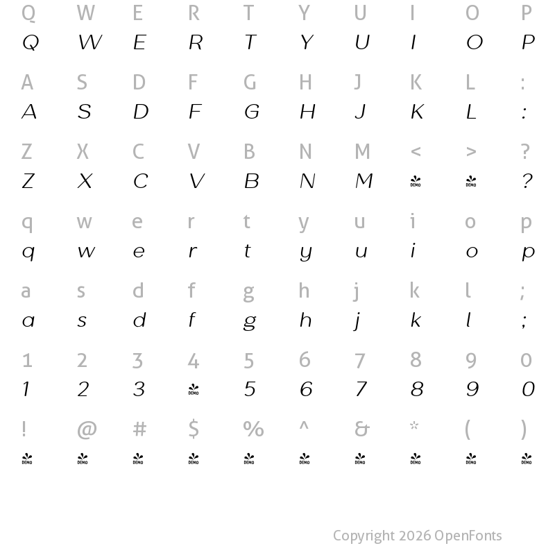 Character Map of FONTSPRING DEMO - Antario Italic